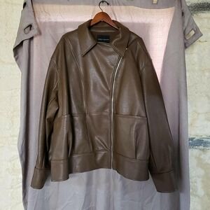 Ashley Graham Jacket Womens Plus Brown Faux Leather Zip Pockets Moto Collared